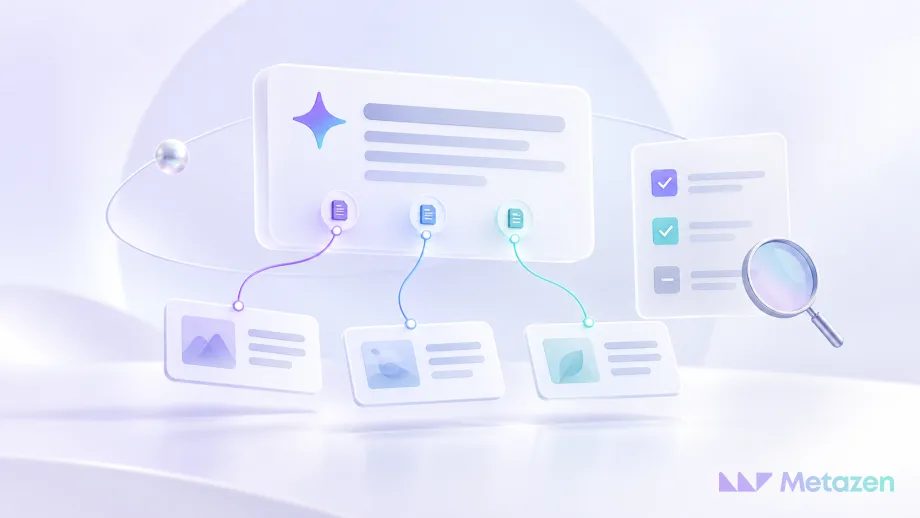 Açık inci beyazı zeminde, mor ve turkuaz bağlantılarla üç web kaynağına bağlanan yapay zekâ yanıt kartı; yanında kontrol listesi ve inceleme merceği, AI görünürlüğünde kaynak ve kanıt takibini simgeliyor.