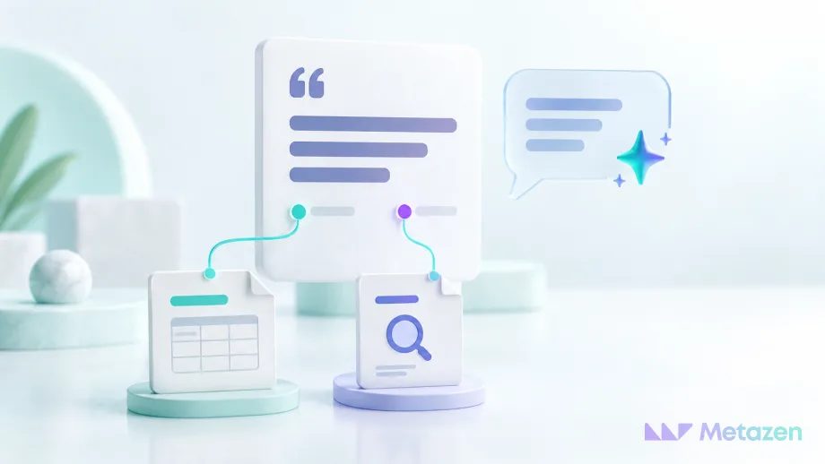 An answer card linked to two source documents by turquoise lines, beside a speech bubble with a violet and turquoise AI symbol on a pale mint background.