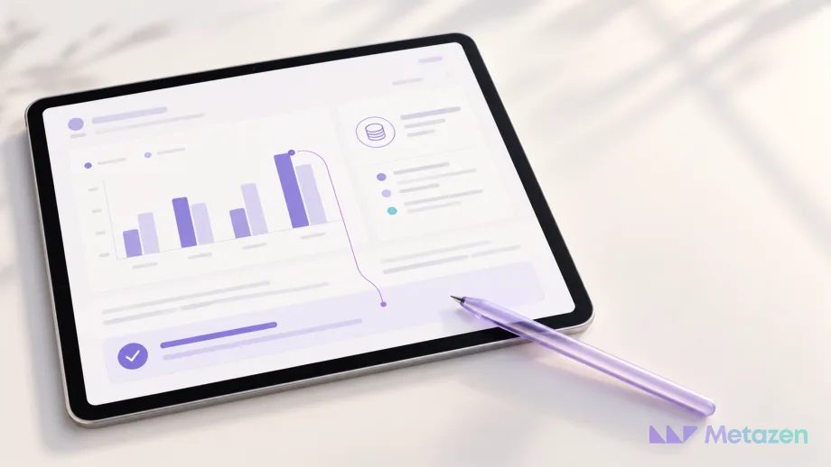 Aydınlık zemindeki tablette temsili reklam raporu; mor karşılaştırma çubukları ince bir çizgiyle sonraki iş satırına bağlanıyor, kalem değerlendirme alanını işaret ediyor.