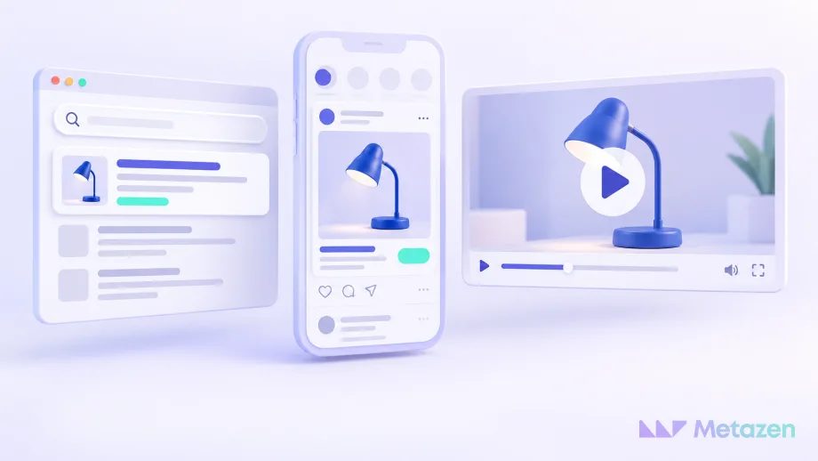 Three simplified interfaces showing the same blue desk lamp in a search result, a phone’s social feed and a video player, with a Metazen watermark at the lower right.