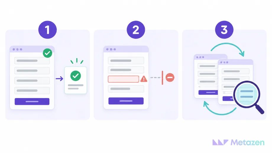 Three numbered form checks: an accepted submission and record, a rejected form with a missing field, and repeated submissions under inspection.