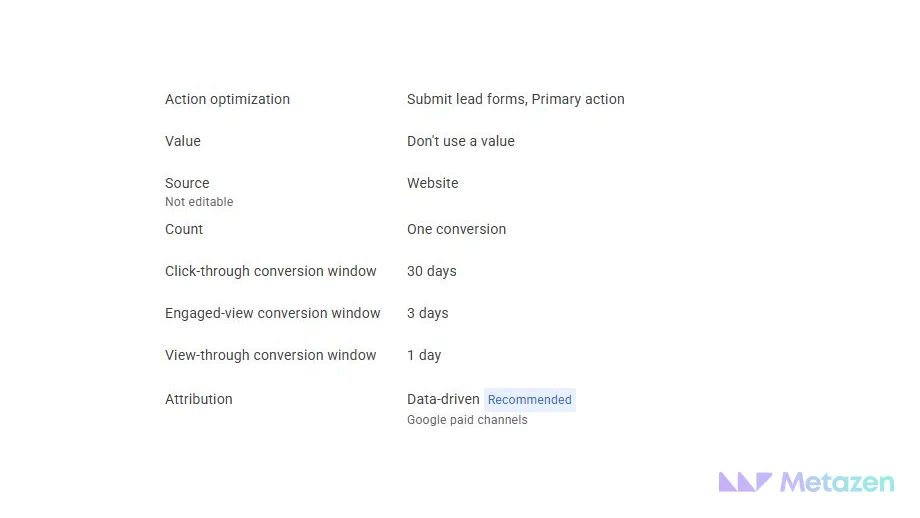 A real Google Ads settings detail showing a primary form action, no conversion value, Website as the source and One conversion as the counting setting.