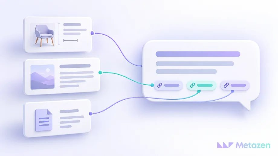 Diagram of product, article and document pages feeding into one answer panel with links to its sources.