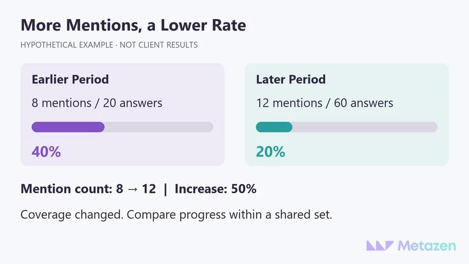 Hypothetical comparison: 8 mentions in 20 answers equals 40 percent; 12 mentions in 60 answers equals 20 percent. The mention count rises 50 percent, but coverage has changed.