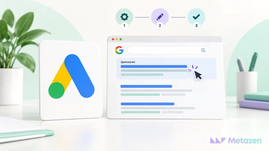 Açık mint zeminde Google Ads logosu, sponsorlu arama sonucu ve kurulum aşamalarını temsil eden simgeler.
