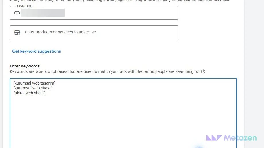 Keyword entry screen with a blurred domain and three Turkish website design phrases using exact and phrase match syntax.