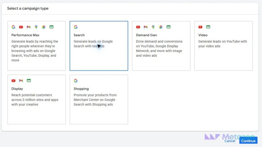 The selected Search card among Google Ads campaign types.
