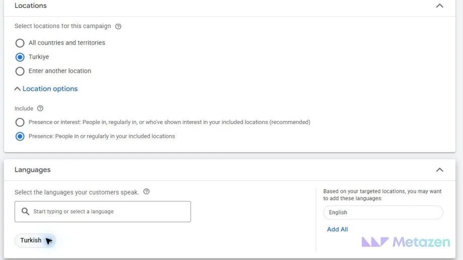 Türkiye, Presence konum seçeneği ve Turkish dilinin seçildiği Google Ads ayar ekranı.