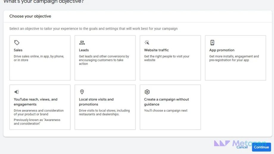 Google Ads kampanya amacı ekranında Sales, Leads ve Website traffic seçenekleri.