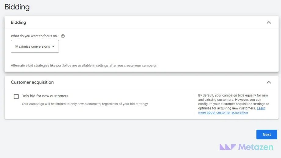 Bidding ekranında Maximize conversions ve işaretlenmemiş Only bid for new customers kutusu.