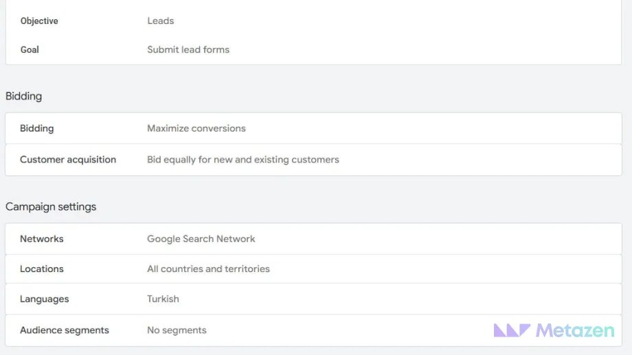 Yayın öncesi Google Ads özetinde teklif, ağ ve konum değerleri; Locations satırında All countries and territories yazıyor.