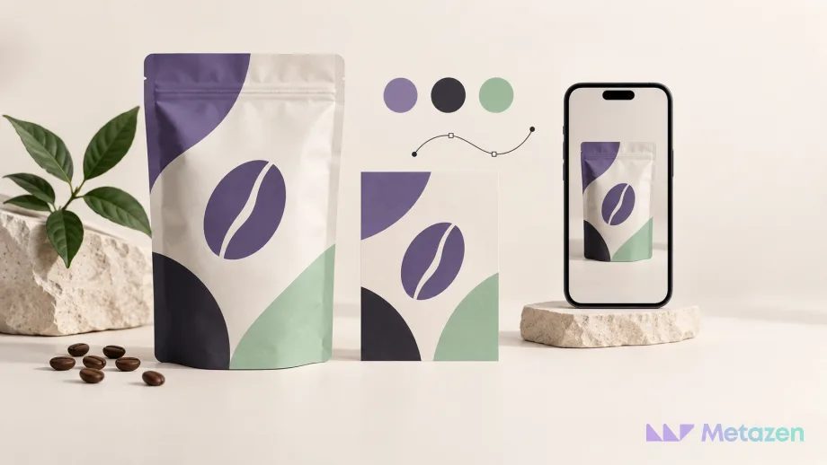 Mor, mint ve koyu tonlarda ortak kahve çekirdeği motifi taşıyan paket, basılı kart ve telefon ekranı; üstte renk örnekleri ve vektör eğrisi, sağ altta Metazen filigranı.