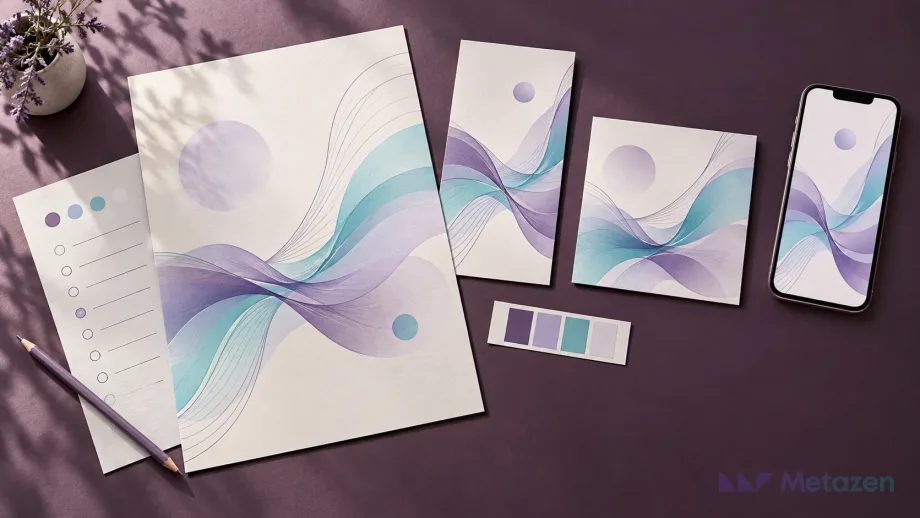 A printed poster, invitation, square card and phone screen share one purple and turquoise visual concept, illustrating adaptations within a design proposal.