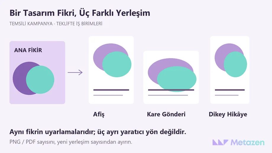Tek mor ve turkuaz görsel fikrin okla afiş, kare gönderi ve dikey hikâye yerleşimlerine bağlandığı şema; dosya çıktısı ile yaratıcı yönün farklı olduğu belirtiliyor.