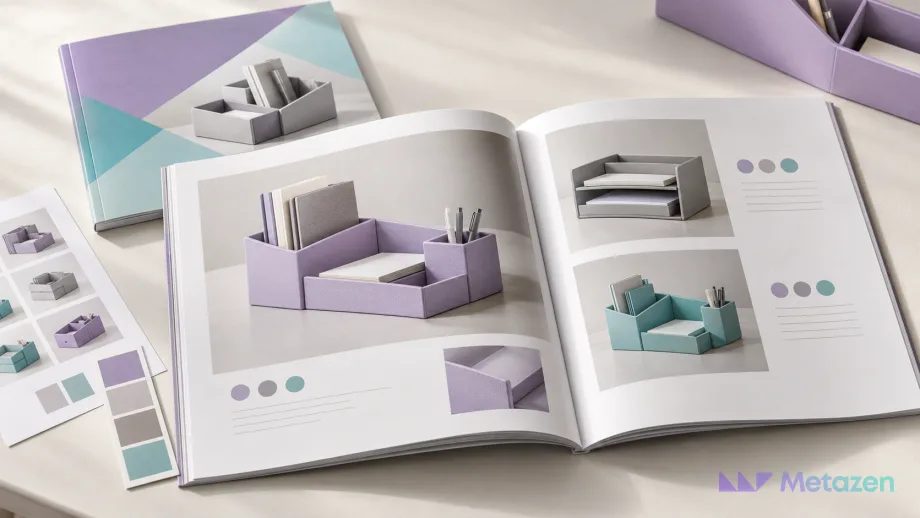 An open printed catalog with desktop organizer photos and product information blocks, accompanied by a closed catalog, a photo contact sheet and color swatches; a conceptual design preparation scene.