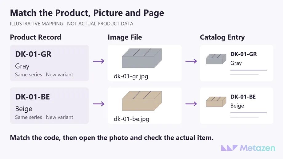 Illustrative product mapping: separate records for the gray DK-01-GR and beige DK-01-BE desktop organizers connect to matching JPG filenames and catalog entries with arrows.