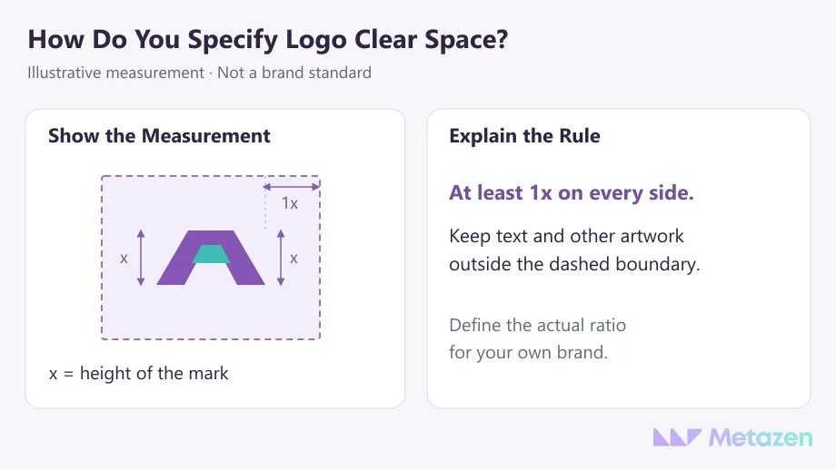 Illustrative logo clear-space diagram: the mark is x high, with 1x on every side; text and other artwork stay outside the dashed boundary.