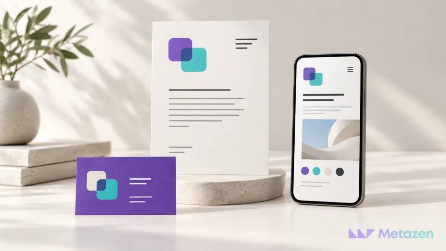 Mor ve turkuaz geometrik işaretin kartvizit, basılı belge ve telefon ekranında tutarlı kullanıldığı, açık zeminli kurumsal kimlik kompozisyonu.