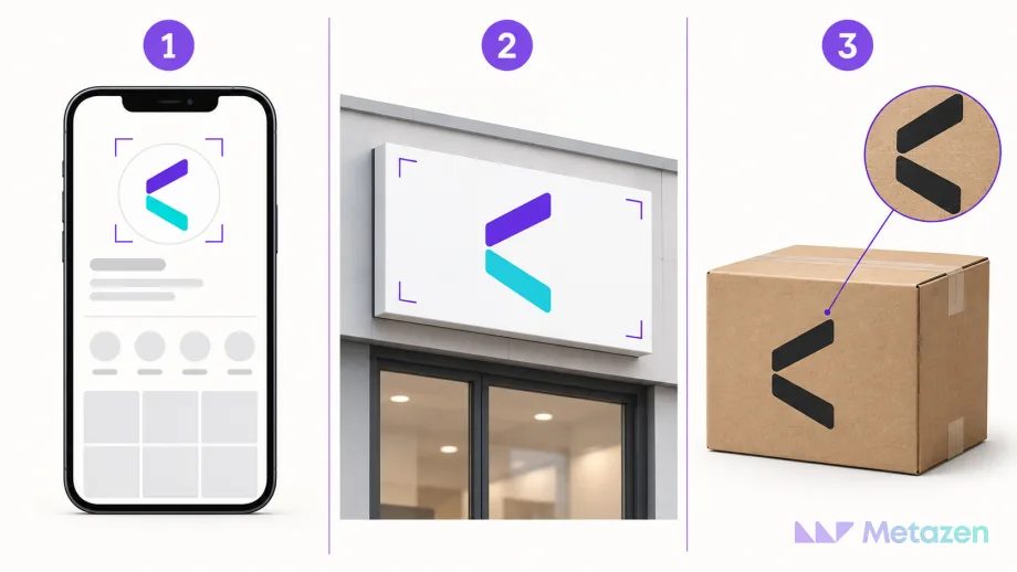 Three illustrative uses of the same abstract logo: a small mobile profile, a wide storefront sign and a single-color print on a box.