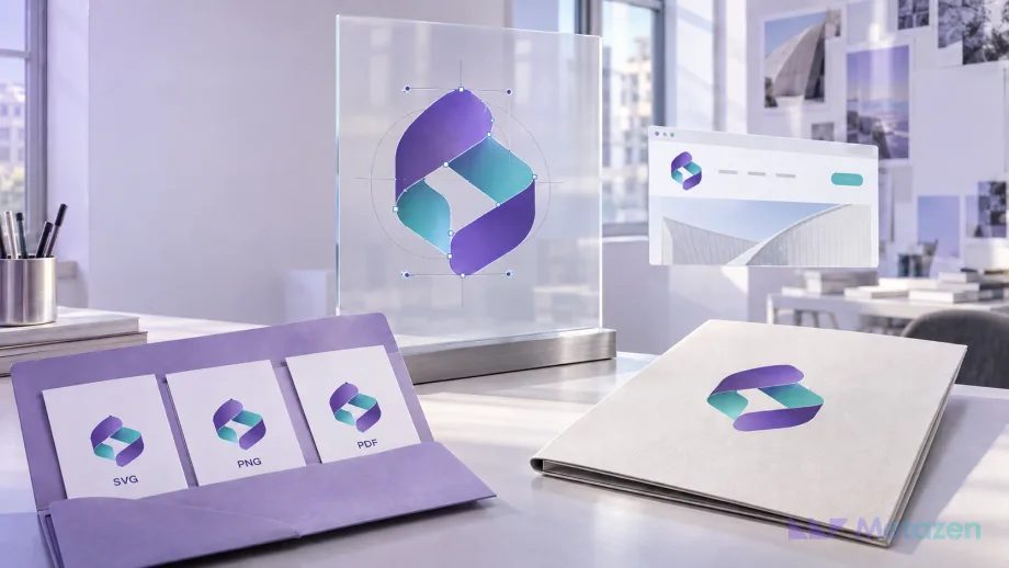 Aydınlık tasarım ortamında aynı geometrik logonun vektör çizimi, dijital görünümü ve basılı dosya kapağı; önünde SVG, PNG ve PDF teslim kartları.
