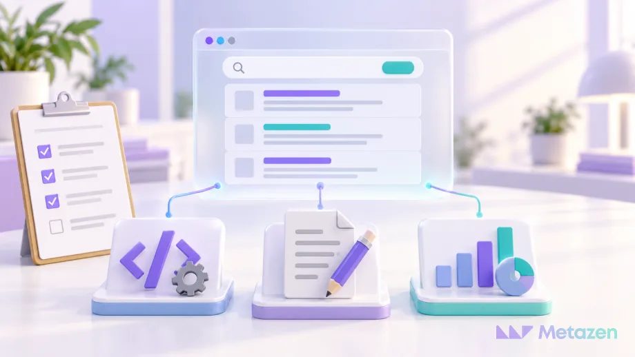 Code and gear, content document and analytics tiles connected to a search window on a pale lilac background, beside a checklist representing the scope of work.
