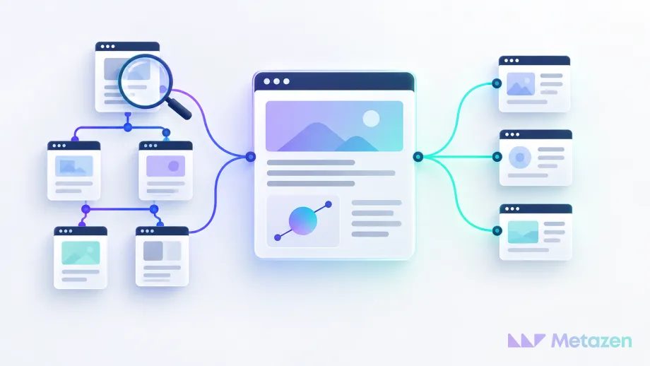 SEO’yu anlatan büyüteçli site yapısı, içerik sayfası ve dış kaynak bağlantılarından oluşan üçlü şema.