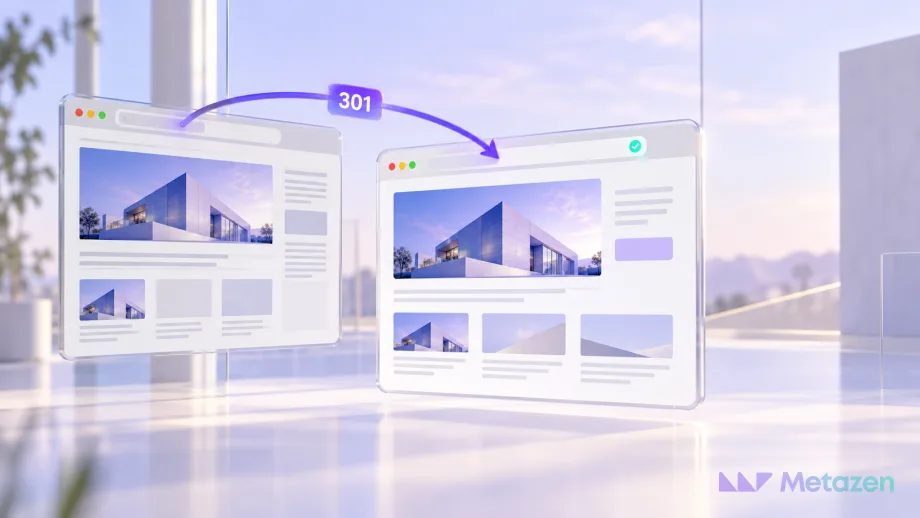 Aydınlık teknolojik ortamda aynı hizmet içeriğini taşıyan eski ve yeni web sayfaları; 301 etiketli mor ok eski adres çubuğundan yeni adres çubuğuna yöneliyor.