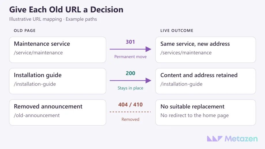 Three illustrative URL decisions: a maintenance page moves to its equivalent with 301, an installation guide stays at 200, and a removed announcement without a replacement returns 404 or 410.
