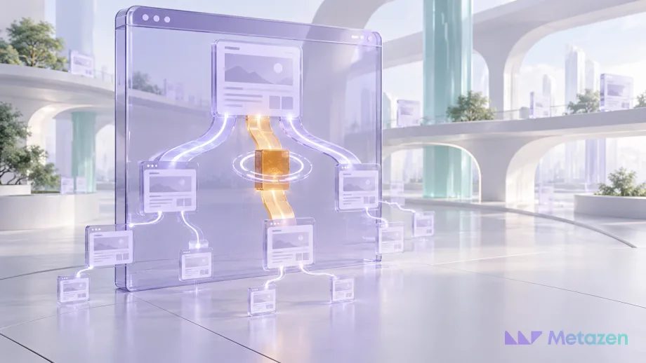 Mor cam tarayıcı yapısında birbirine bağlanan sayfalar ve ana bağlantıdaki turuncu engeli inceleyen tarama halkası; teknik SEO sorunlarını önceliklendirmeyi anlatan temsili görsel.