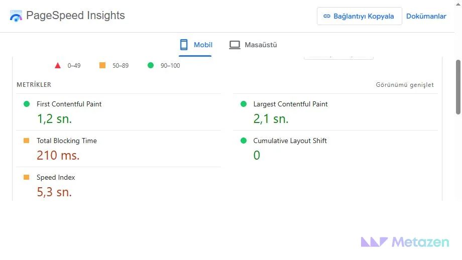 Google PageSpeed Insights gerçek mobil raporu: FCP 1,2 saniye, LCP 2,1 saniye, TBT 210 ms, CLS 0 ve Speed Index 5,3 saniye.