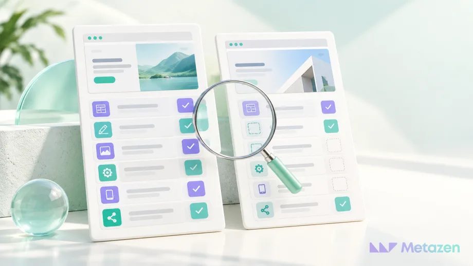 Two website proposal cards on a pale mint background, with a magnifying glass highlighting differences between filled purple and teal rows and empty scope rows.